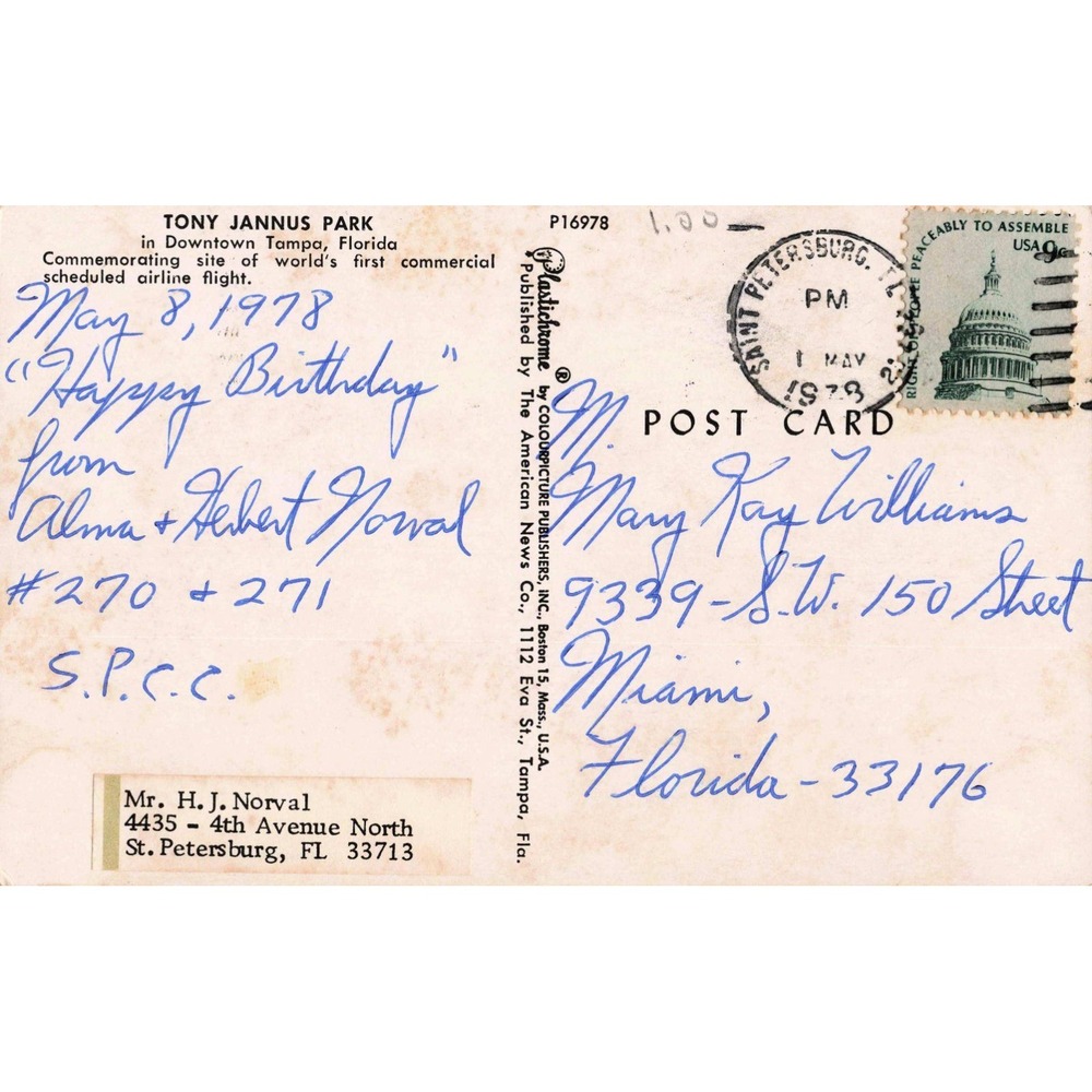 Vintage Tony Jannus Park Tampa Florida Postcard Plastichrome 1978 Postmark - Picture 2 of 2